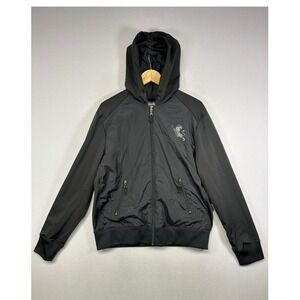 Techwear Express Mens‎ Large Black Mixed Media Full Zip Hooded Jacket Lion Logo